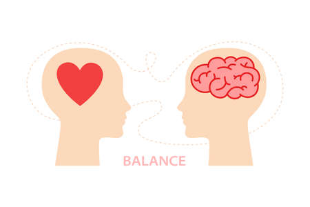 Balance between heart and brain on human head. Mind and feeling harmony concept. Vector illustration in flat style for banner, poster, cardのイラスト素材