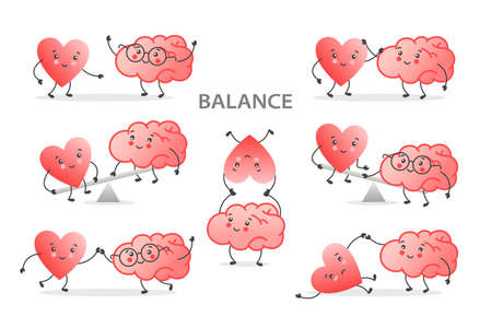 Set icons with balance between cute heart and brain on scale. Mind and feeling harmony concept. Vector illustration in flat style for banner, poster, cardのイラスト素材