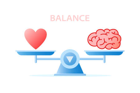 Balance between heart and brain on weighing dishes scale. Mind and feeling harmony concept. Vector illustration in flat style for banner, poster, cardのイラスト素材