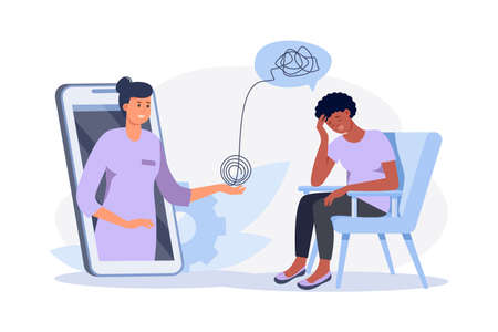 Depressed black woman sitting on chair. Psychologist doctor consulting patient in therapy session. Online psychotherapy counseling concept. Mental health, depression. Human mental problem solutions.のイラスト素材