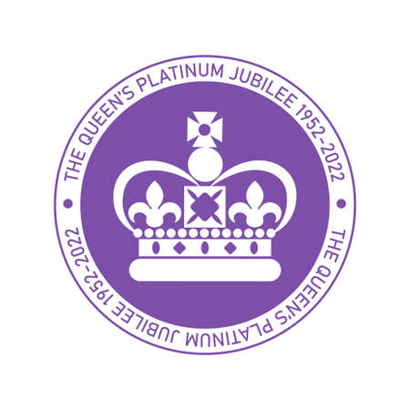 The Queen's Platinum Jubilee celebration sign crown in circle purple color. Vector flat illustration. Design for greeting card, banner, flyerのイラスト素材