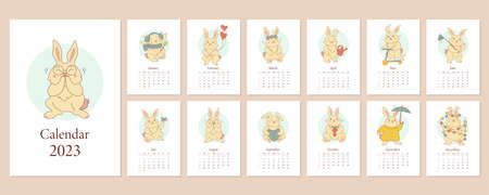 Monthly vertical wall calendar 2023 tamplate with cartoon cute rabbits. Symbol of the Chinese New Year. Sunday start calendar. Set of 12 months with kawaii character animals. Cover A4 A3 A2 A5のイラスト素材