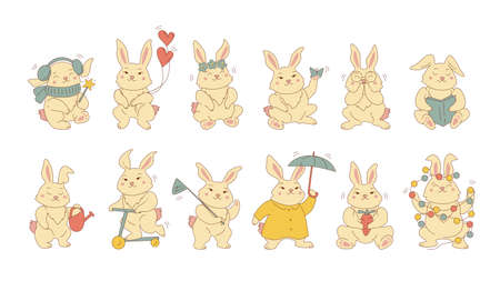 Set of cute animals rabbits character isolated on white background. Bundle of funny bunnies with glasses, scarf, heart, book, garland, umbrella, carrot, flower, scooter. Vector in cartoon kawaii styleのイラスト素材