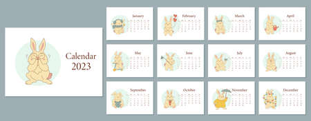 Monthly horizontal wall calendar 2023 tamplate with cartoon cute rabbits. Symbol of the Chinese New Year. Sunday start calendar. Set of 12 months with kawaii character animals. Cover A4 A3 A2 A5のイラスト素材