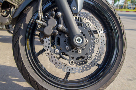 Brake pads for big bike. Wheel of the vehicle Modern transport technologyの写真素材