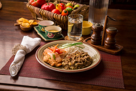 Escabeche lentils stew and rice peruvian traditional foodの写真素材