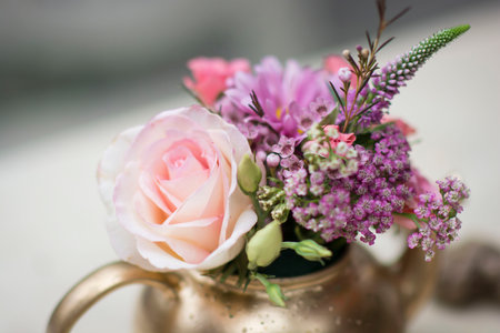 Bouquet flower arrangement Colorful natural garden flowers art interior decorationの写真素材