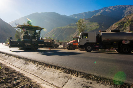 Highway road construction Cerro de Pasco andean mountains Peru landscapeの写真素材