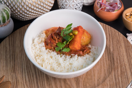 Stewed beef stew Peruvian buffet table Assorted food dishes gourmet sea food Peru traditionalの写真素材
