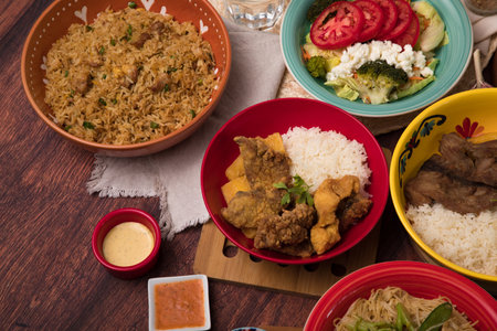 Peruvian buffet table Assorted food dishes gourmet sea food Peru traditionalの写真素材