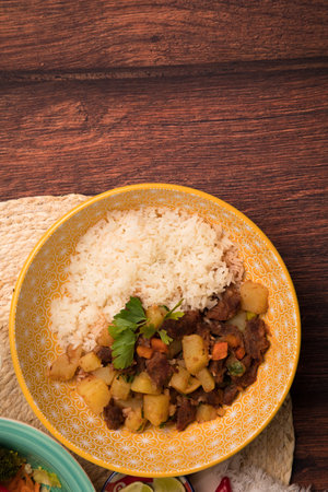 Picante de carne Peruvian buffet table Assorted food dishes gourmet sea food Peru traditionalの写真素材