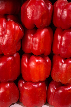 Red bell pepper in the market, close up of red bell pepperの写真素材