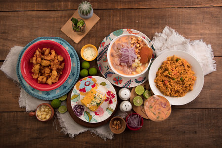 Peruvian buffet table Assorted food dishes gourmet sea food Peru traditionalの写真素材