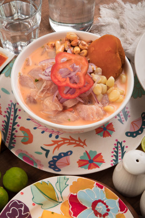 Ceviche Peruvian buffet table Assorted food dishes gourmet sea food Peru traditionalの写真素材