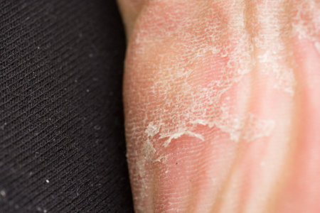 Close-up of a woman's foot ankle with skin damage. Macro Foot skin Cracked up dead skin peel desquamation medical condition flakingの写真素材