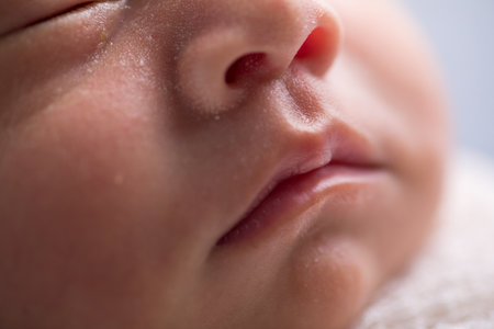 Close-up of a newborn baby's face, shallow depth of fieldの写真素材