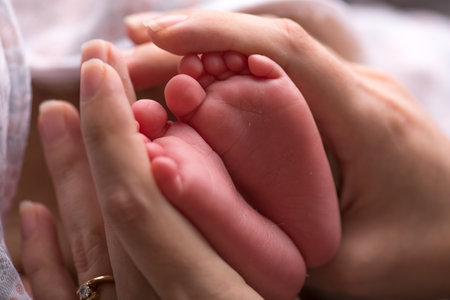 Newborn baby feet in mother's hands, close-up.の写真素材