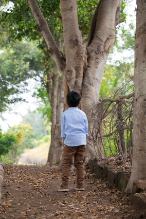 Cute asian boy walking in the park with tree background.の写真素材