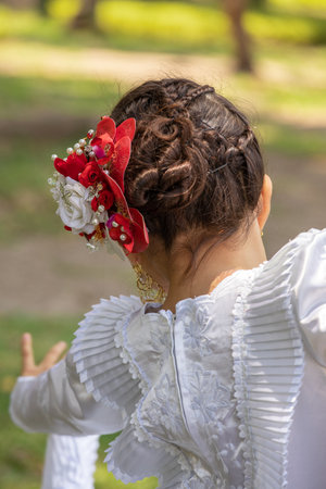Beautiful bride in white wedding dress with flowers in her hair.の写真素材