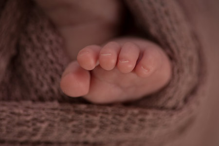 Close-up of the feet of a newborn baby wrapped in a warm scarfの写真素材