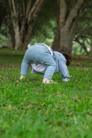 Cute little girl playing on the grass in the park at summerの写真素材