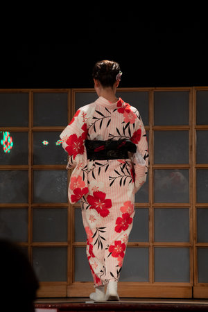 Japanese geisha in traditional kimono on a black background.の写真素材