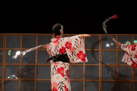 Japanese Kumamoto traditional dance woman in kimono with a black belt on her waist in Lima Peru woman wearing kimonoの写真素材