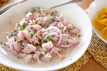 Ceviche raw fish with onions and lemon juice Peru peruvian traditional foodの写真素材