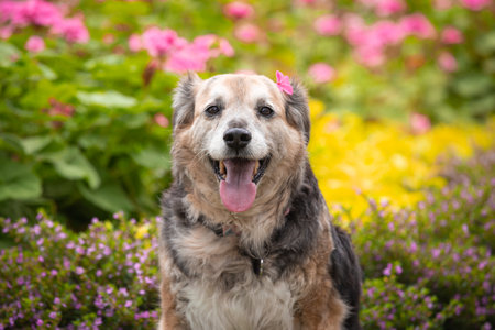 Portrait of a mixed breed dog on a background of flowers.の写真素材