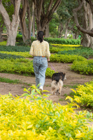 Woman walking with her dog in the park.She is wearing a yellow shirt.の写真素材
