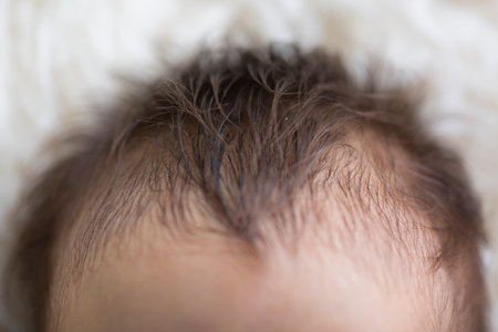 Baby hair on the head, close-up of a newborn babyの写真素材