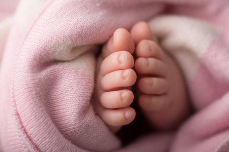 Newborn baby's feet in pink blanket, closeup. Baby care conceptの写真素材