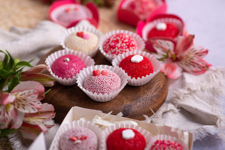Brazilian traditional brigadeiro Handmade chocolate candies with red icing. Selective focus.の写真素材