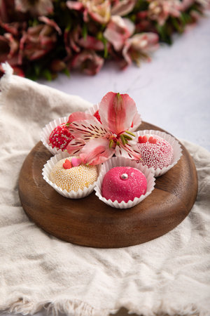 Brigadeiro traditional Brazilian Brasil sweet dessert with pink flowers on a wooden plate.の写真素材