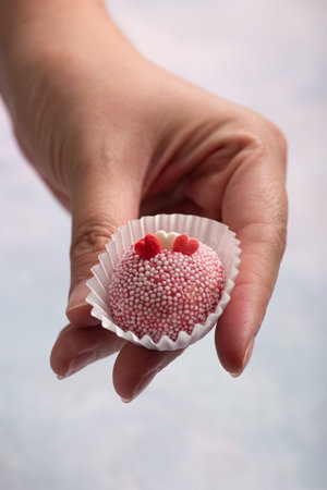 Hand holding a cupcake on a light background, close-upの写真素材