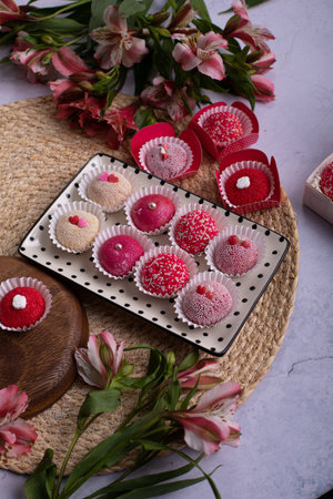 Brigadeiros Brasil Brasilianm dessert sweet food gourmet with cream and pink flowers on a light background.の写真素材