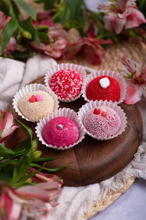 Delicious candies with pink and white cream. Selective focus.の写真素材