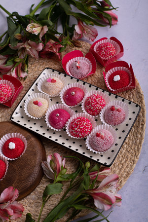 Close up of cupcakes with pink icing and flowers on wooden backgroundの写真素材