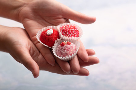 Female hands holding tasty chocolate candies on color background, closeupの写真素材