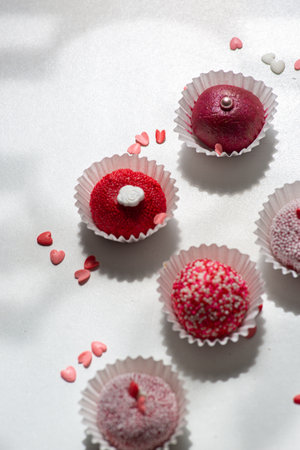 Brazilian traditional brigadeiro Cupcakes with red and white sprinkles on a white background