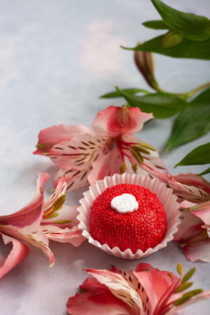 Bouquet of flowers and a cupcake on a light backgroundの写真素材