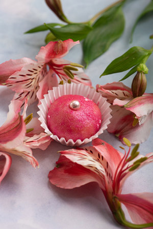 easter egg in a nest of flowers on a blue backgroundの写真素材