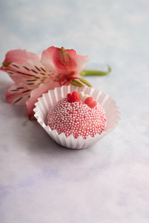 Brigadeiro traditional Brazilian Brasil sweet dessert with red cream and pink flowers on a light backgroundの写真素材