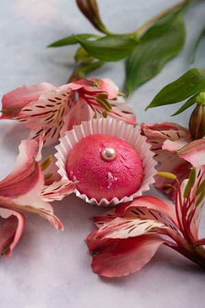 Brigadeiro traditional Brazilian sweet dessert Valentine's day cupcake on a black background with copy spaceの写真素材