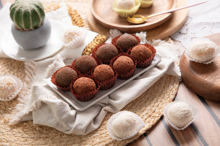 Tray with delicious chocolate candies on wooden table, closeup
