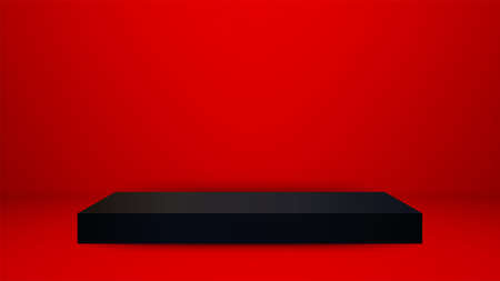 Product showcase with black stand podium on red room background. Use as montage for product displayのイラスト素材
