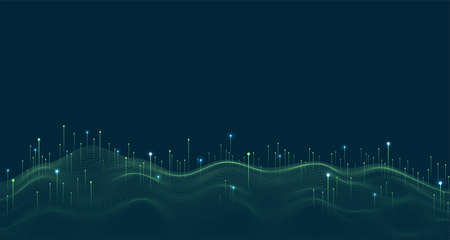 Big data visualization concept. Dynamic wave on blue background. Wave of particles