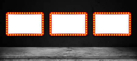 Retro rectangle neon billboard on black cement wall. Concrete shelf table. Use as montage for product displayの写真素材