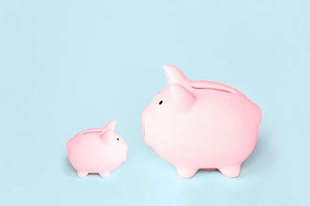 Pink piggy bank on blue background. Finance, saving moneyの写真素材