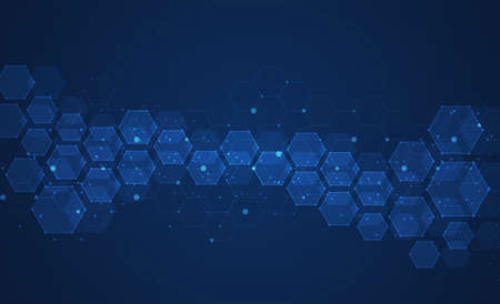 Hexagons pattern on blue background. Genetic research, molecular structure. Chemical engineering....